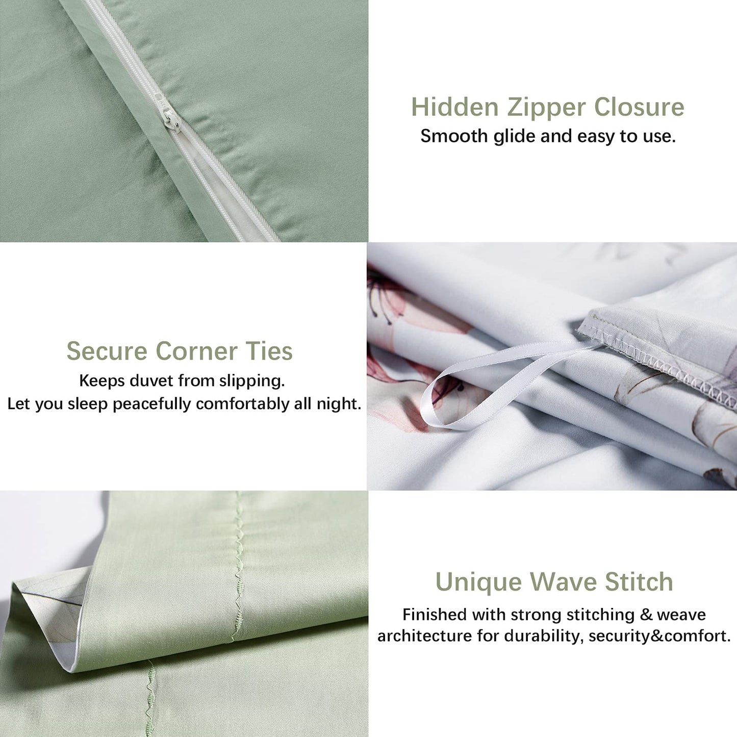 MILDLY 100% Long-Staple Cotton Duvet Cover Set White Green Floral Leaves Pattern Printed Comforter Cover 3pcs, Ultra Soft & Breathable Bedding Set