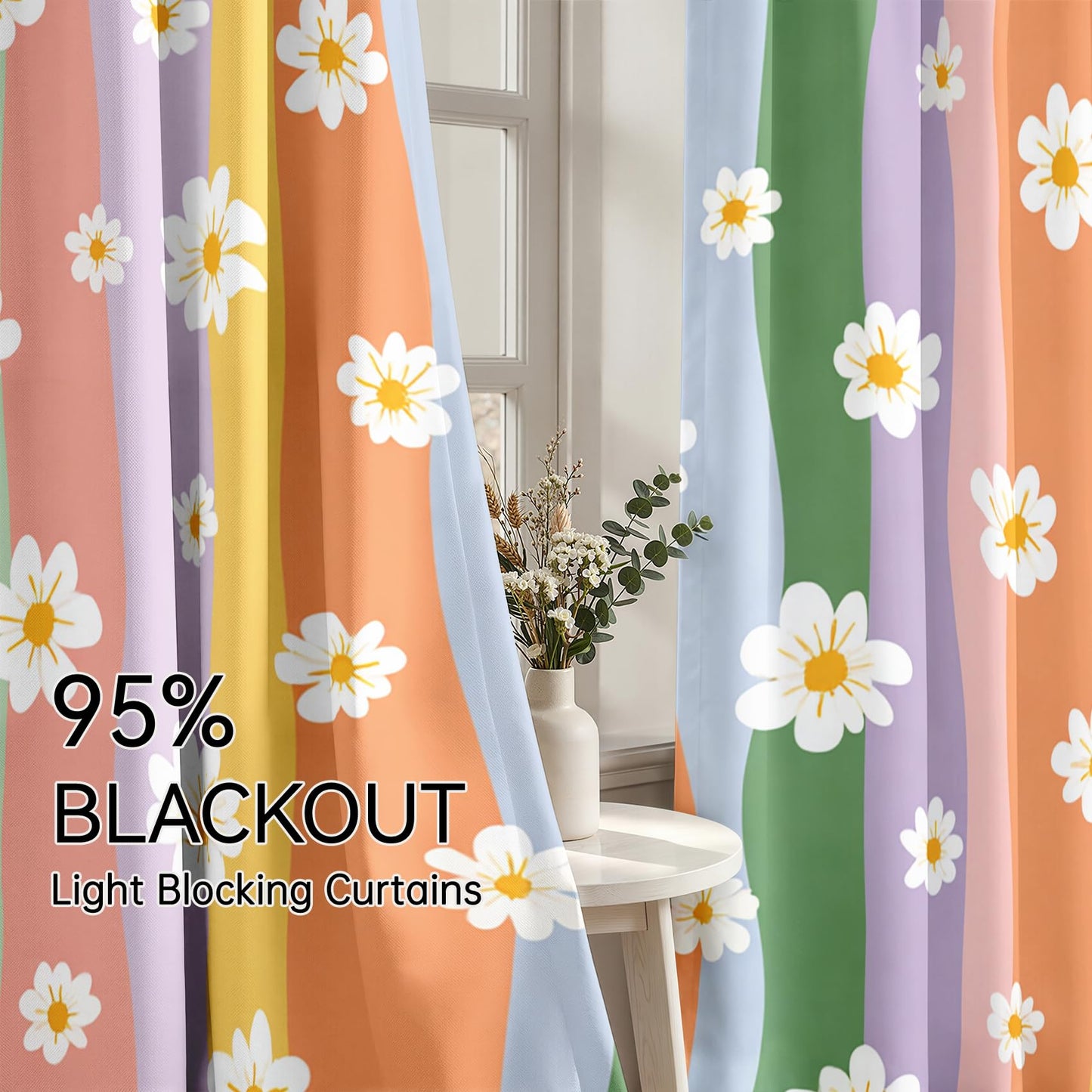 Mistwalk Retro 70s Daisy Blackout Curtains for Bedroom & Living Room, 63 Inch Curtains 2 Panel Set, Room Darkening Thermal Insulated Grommet Drapes, Girls Rainbow Floral Patterned Window Treatments