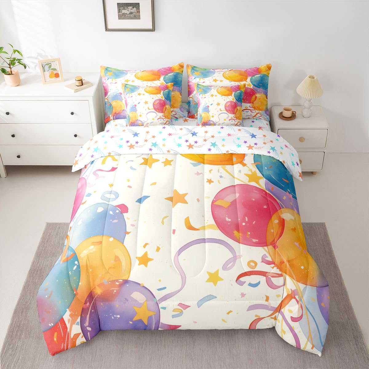 Erosebridal Colorful Balloon 7 Piece Bedding Set Queen Star Pattern Comforter Set with Sheets Birthday Theme Bed in A Bag Rainbow Bed Sets with 2 Pillowcases, 2 Throw Pillow Covers