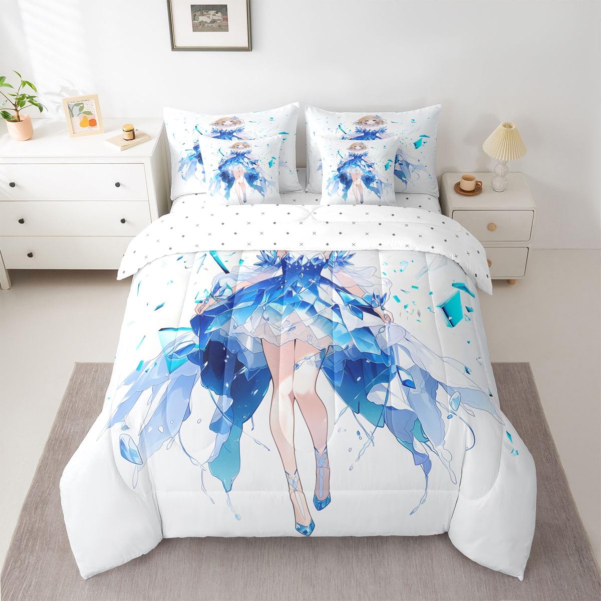 Erosebridal Anime Girl Twin Comforter Set 7 Piece Japanese Girl Bedding Set,3D Anime Cartoon Bed in A Bag for Kids,Japanese Style Sheet Set with Comforter(Blue)