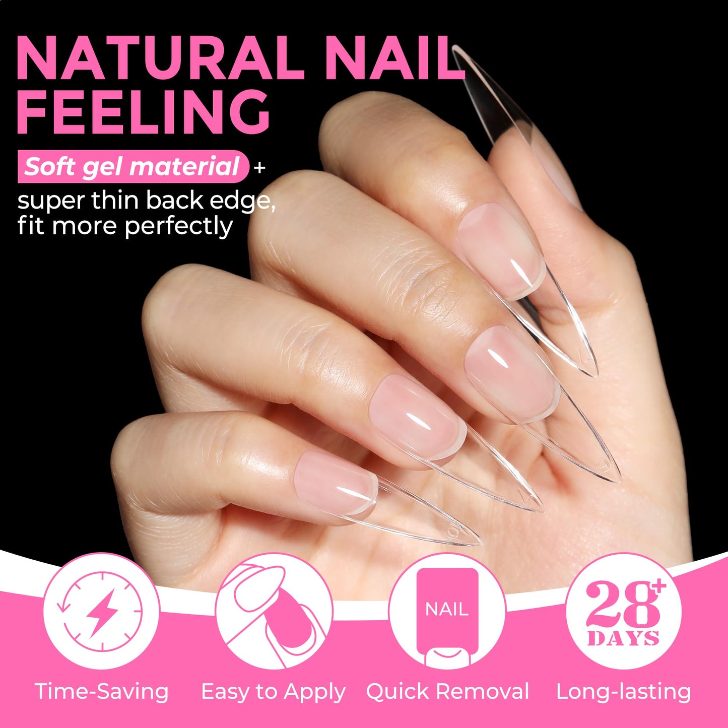 UNA GELLA Long Stiletto Gel Nail Tips: 216pcs Halloween Stiletto Almond Fake Nails Pre-shape Long Almond Press Ons for Full Cover Acrylic French False Nails For Nail Extension DIY Salon 12 Sizes
