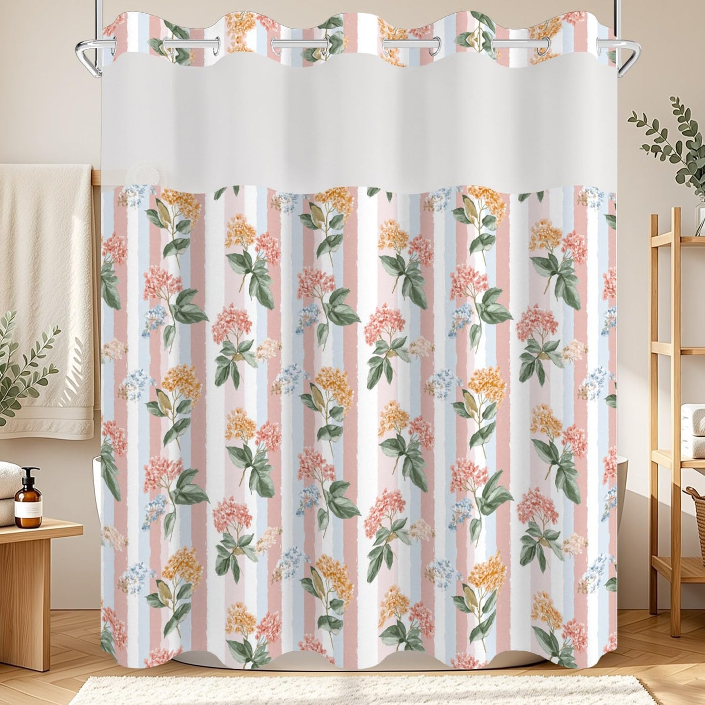 NAEMBCU Boho Floral No Hook Shower Curtain with Snap in Liner Set 71x74 in