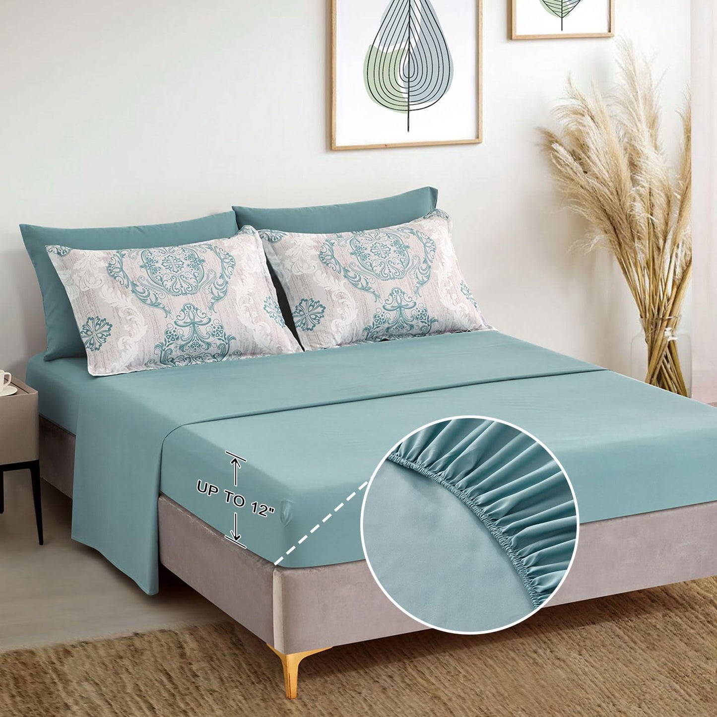 WONGS BEDDING Aqua Comforter Set Queen Size, Damask Texture 7 Pieces Bed in a Bag Microfiber Bohemian Comforter Bedding Sheet Set with Comforter, Flat Sheet, Fitted Sheet,Pillow Shams,Pillowcases