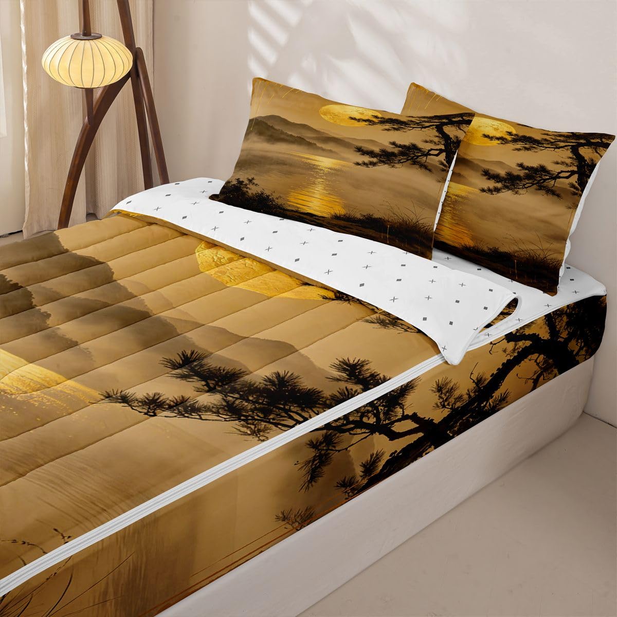 Feelyou Landscape Zipper Bedding for Kids Sunset Full Comforter Set with Fitted Sheet 2 Pillowcases Japanese Bed in a Bag Soft Lightweight Microfiber