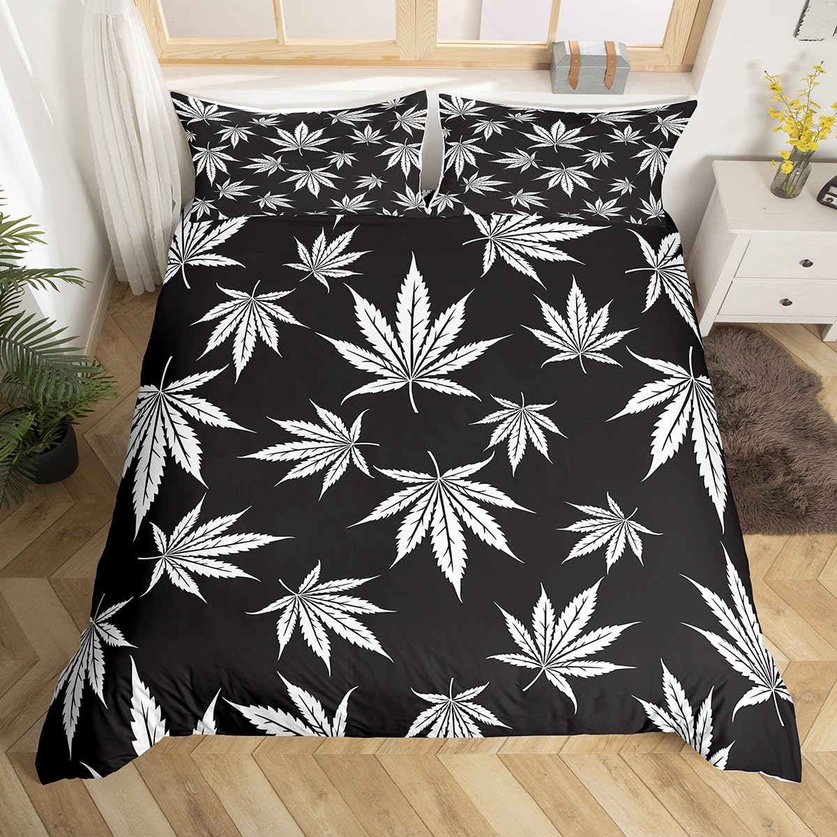 Cannabis Leaf Duvet Cover Black White Marijuana Leaf Printed Comforter Cover King Size Marijuana Weed Leaf Bedding Set Stylish Simple Smoky Trippy Leaves Quilt Cover Gothic Nature Plants Bedspread