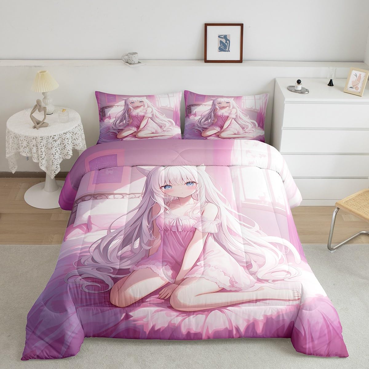 Erosebridal Full Size Japanese Anime Comforter Set for Kids, Anime Girl Bedding Set Kawaii Japanese Style Quilt Cartoon Japan Animation Duvet Insert for Boys Teens Adult Women Bedroom, Pink