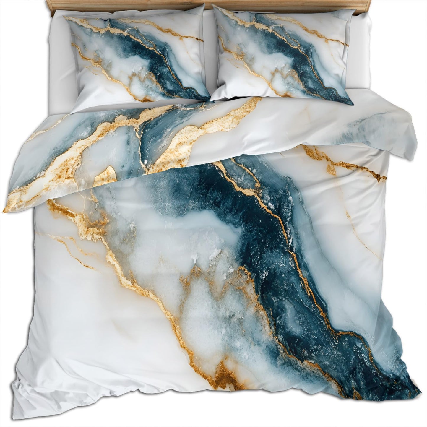PAISUOQ Marble Duvet Cover Full Size, Golden Texture Bedding, 3 Piece, Soft Microfiber Patterned Comforter Cover with Zipper Ties & 2 Pillowcase, White & Teal Bedroom Decor & Gifts