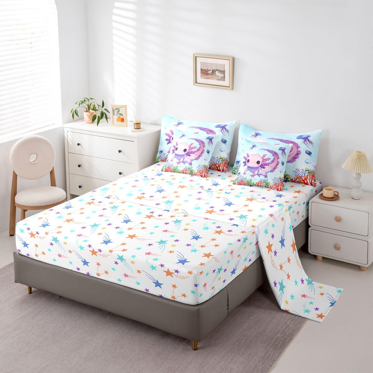 Erosebridal Coral Axolotl Blue Purple Ombre Girls 7 Piece Bedding Set Twin | Kawaii Cartoon Comforter Set with Sheets Ocean Sealife Cute Bed in A Bag Salamander Bed Sets