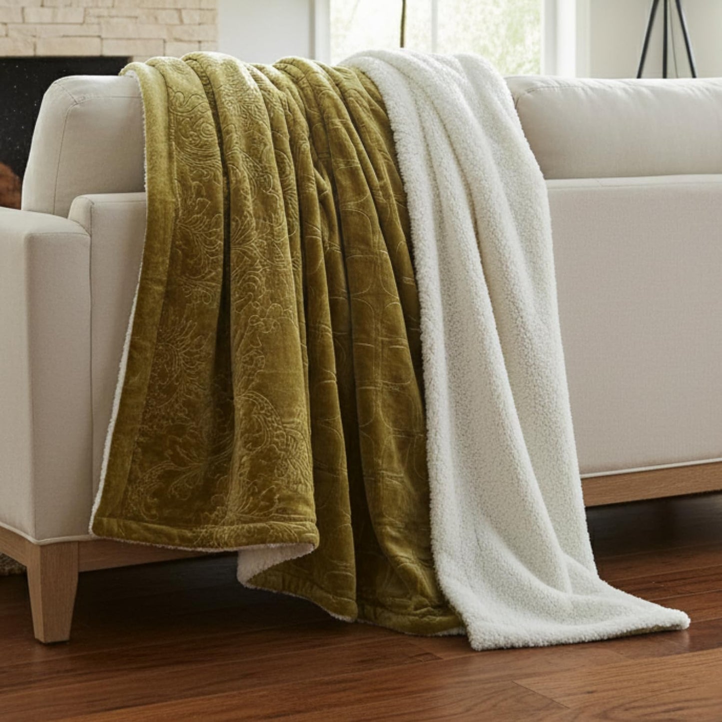 Tache Elegant Embossed Sherpa Bed Yellow Green Chartreuse Throw Blanket (Green, 90 x 90 Inch)