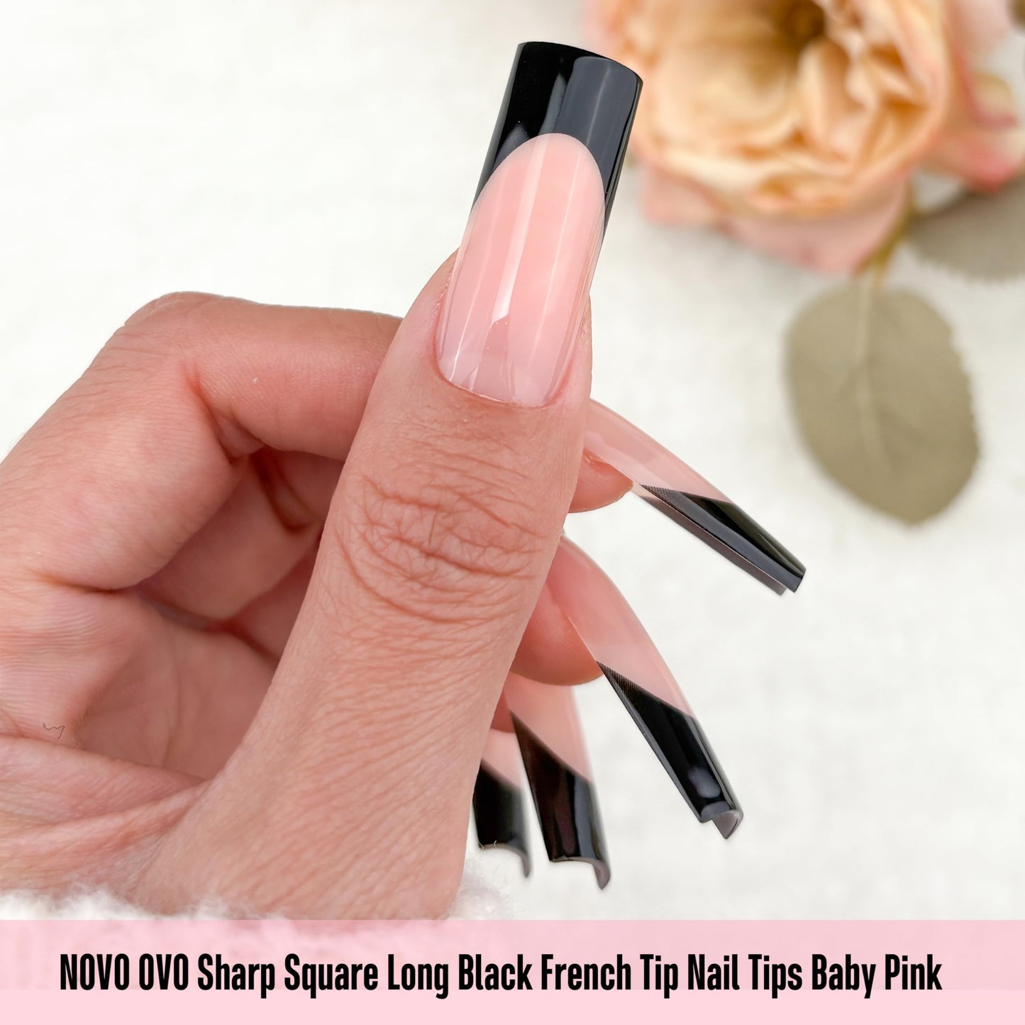 NOVO OVO Soft Gel Nail Tips Long Square - Black French Tip on Baby Pink Base, 180Pcs Full Cover False Nails for Gel X Extension, Sharp Shape Pre-Designed Press on Nails for DIY Home Salon (15 Sizes)
