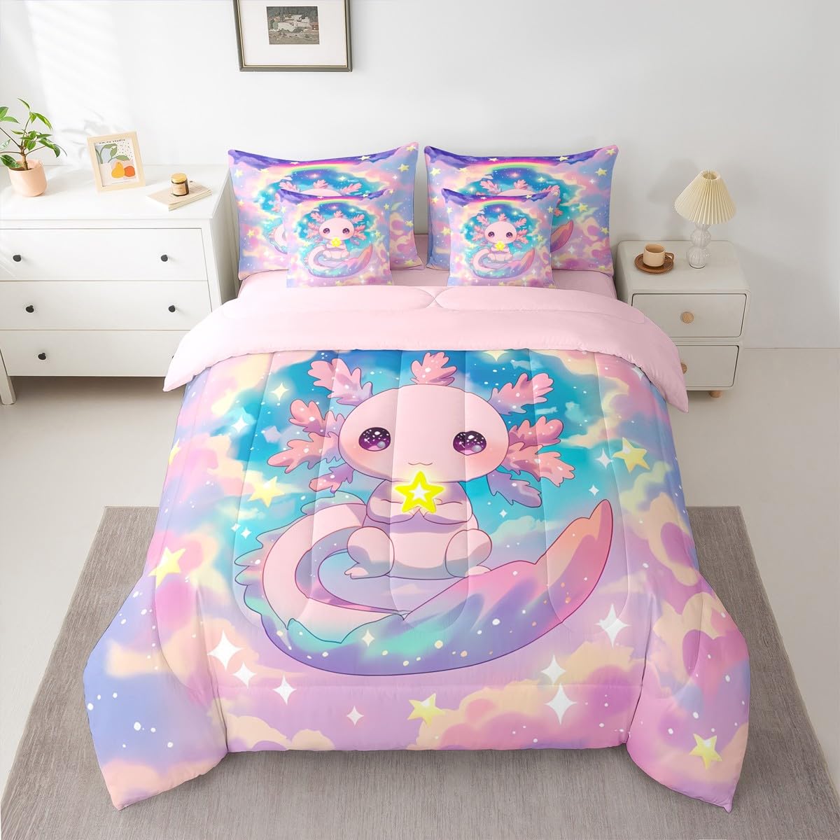 Girls Axolotl Queen Comforter Set Preppy Cute Axolotl Bed in a Bag with Flat and Fitted Sheet for Kids Boys Teens Dreamy Cloud Stars Rainbow 7-Piece Bedding Set Cartoon Ocean Animal Quilt Duvet Sets