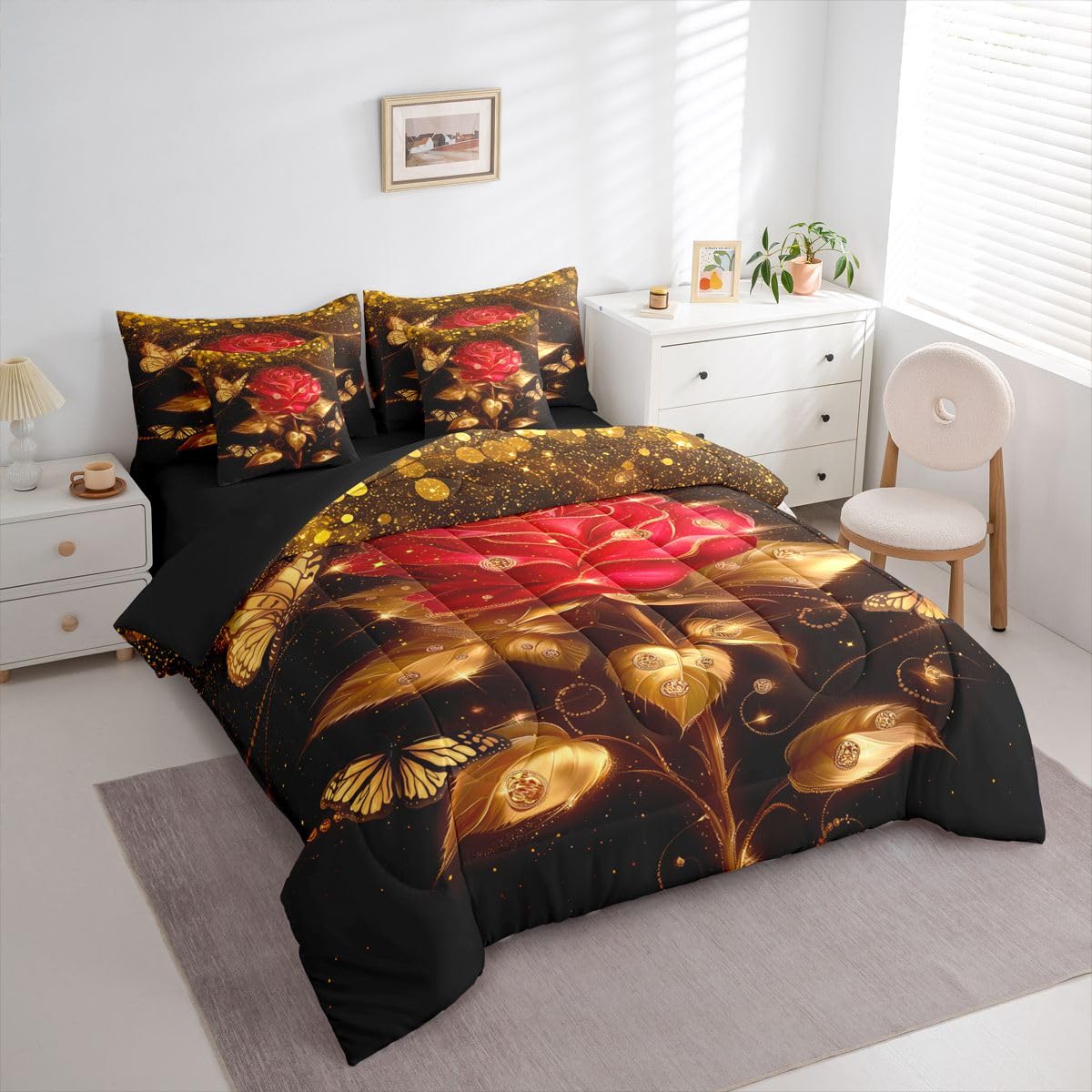 Erosebridal Red Gold Rose Queen Bedding Set 7 Piece Romantic Glitter Butterfly Roses Bed in A Bag with Sheets Valentine Day Gift Comforter Set for Women Men Adults,Golden Floral Flowers Bed Sets