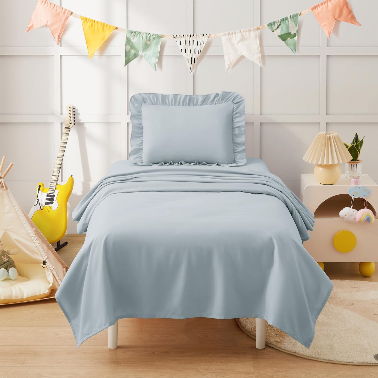 KKJIAF 3 Piece Toddler Sheet Set Microfiber, Includes a Flat Sheet, a Fitted Sheet and a Ruffle Pillowcase, Dusty Blue