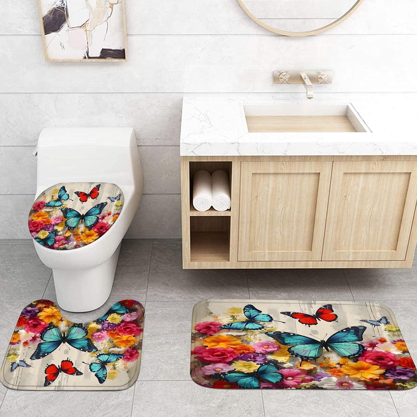 Chrainy 4pcs Shower Curtain Set for Bathroom and Toilet Butterfly Floral Bathroom Decor Sets with Flower Shower Curtain and Accessories Bath Mat,U Shape and Toilet Lid Cover Bathroom Set
