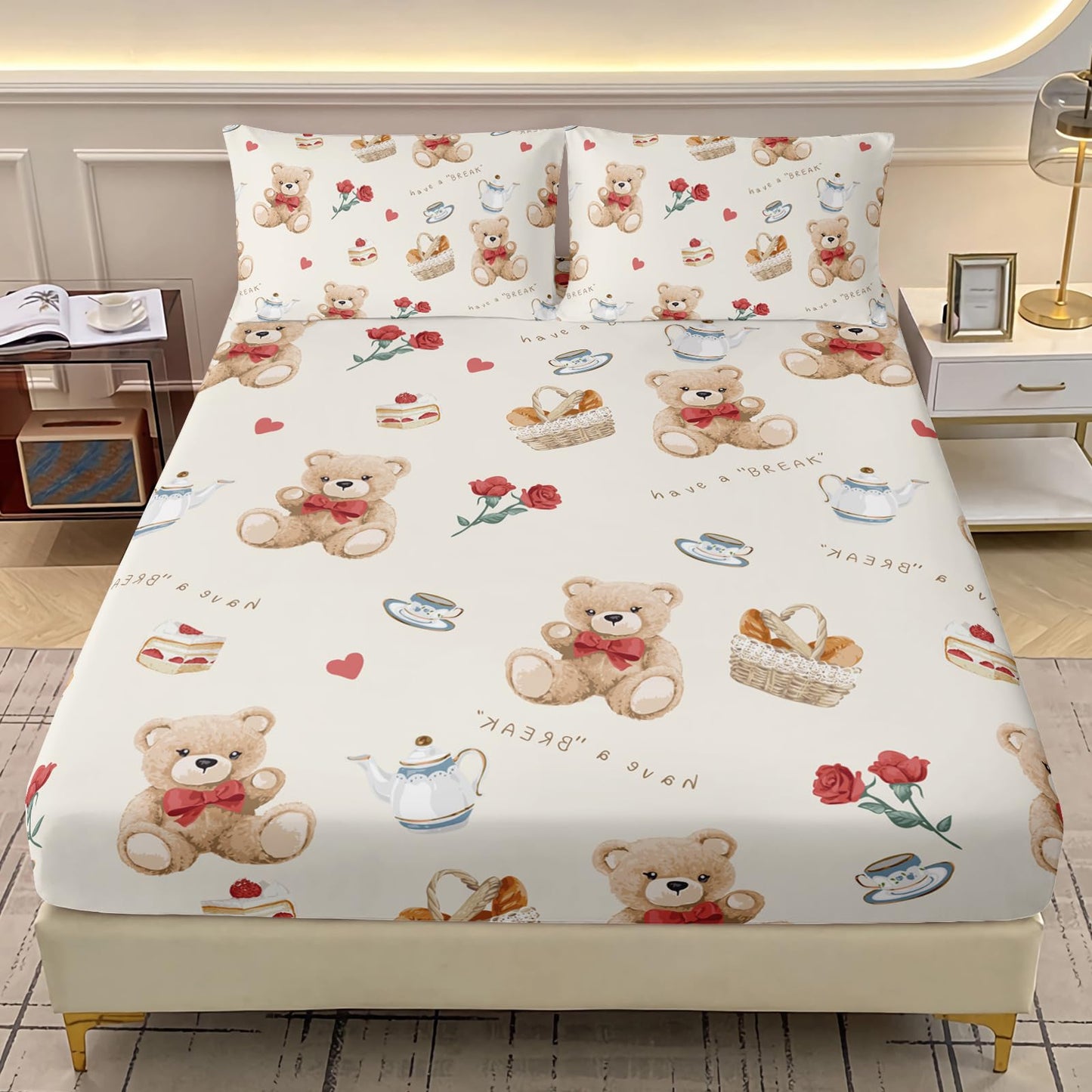 AILONEN Cute Teddy Bear Fitted Sheet Set Queen Size,Cartoon Desserts Red Rose Bed Sheet Set for Kids Girls,Kawaii Animal Theme Bow Tie Bear Fitted Sheet with 2 Pillowcases,3Pcs