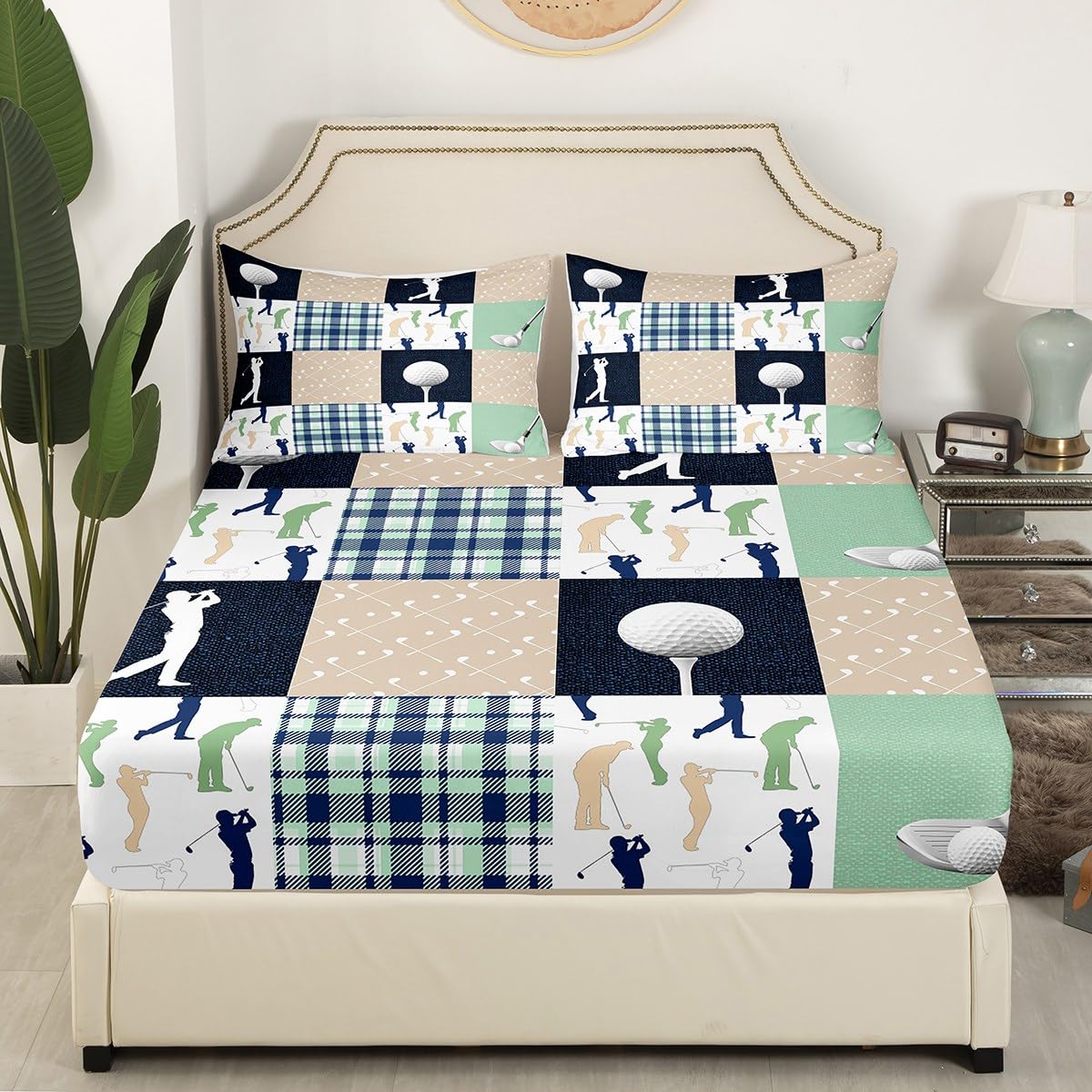 Castle Fairy Golf Plaid Bed Sheet Set King Size,Ball Sports Lover Style Deep Pocket Fitted Sheet,1 Flat,2 Pillowcases,Green Buffalo Grid Geometric Bed Mattress Cover, Bedroom Decor