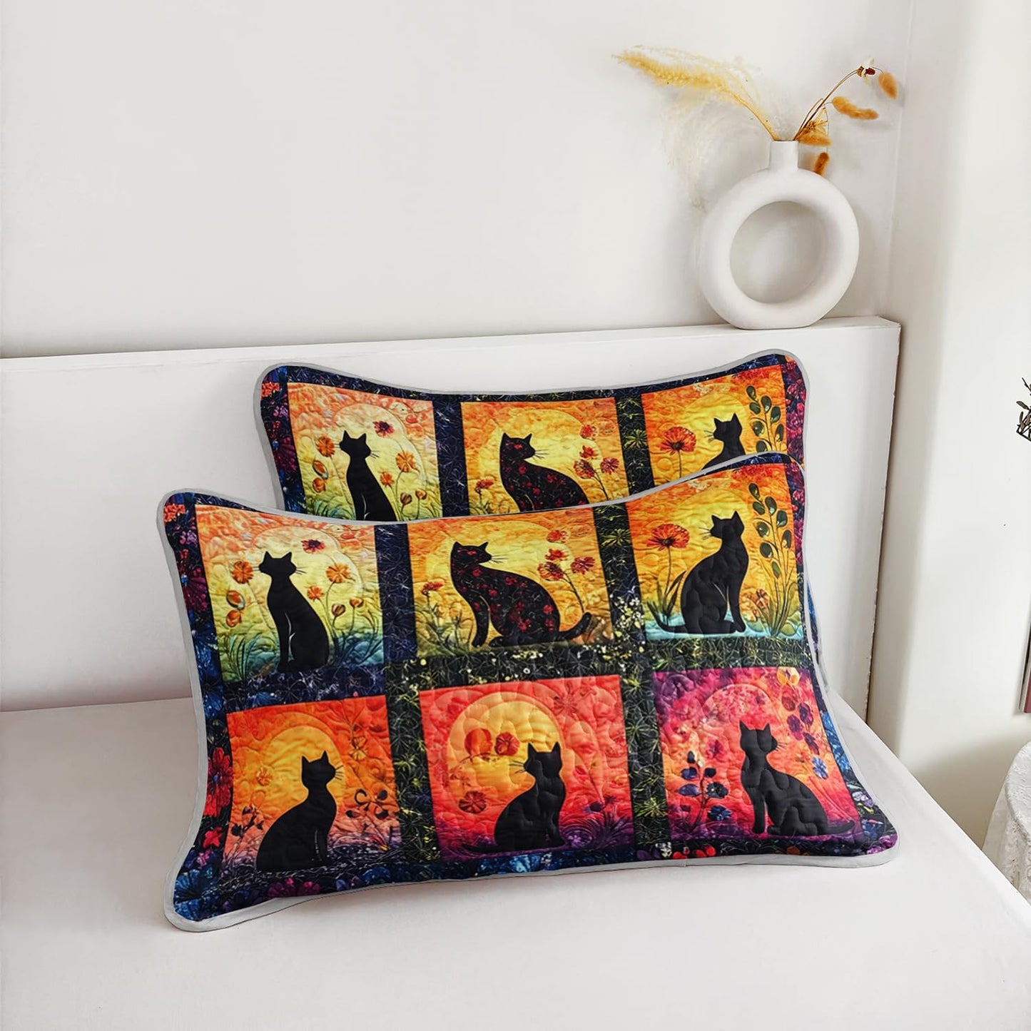 HOSIMA Cat King Size Quilt,Different Grid Patterns with Cats Flowers Printed,Cute Bedding for Kids Adults Room Decor,Animal Themed Bohemian Style Patchwork Quilt with 2 Pillowcases.
