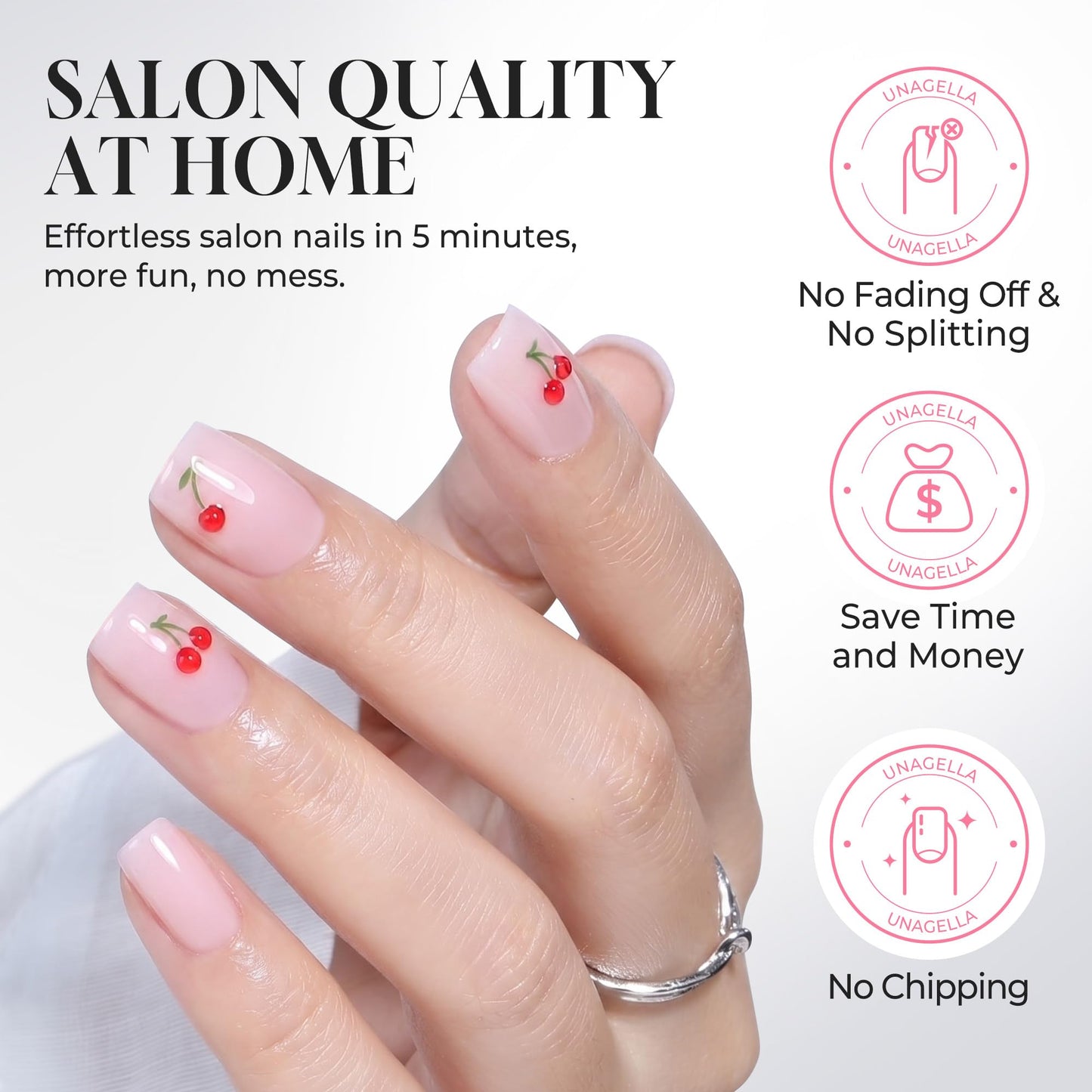 UNA GELLA Short Square Press On Nails Soft Gel - 32Pcs 16 Sizes Milky Pink Base Cherry Fake Nails with Glue and Adhesive Tabs, Reusable Glue On Nails Kit for Women Manicure