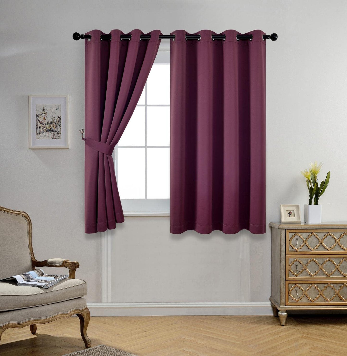 MIUCO Room Darkening Grommet Blackout Curtains for Livingroom Curtains Panels Set of 2 52x63 Inch Aubergine, Bonus 2 Tie Backs Included
