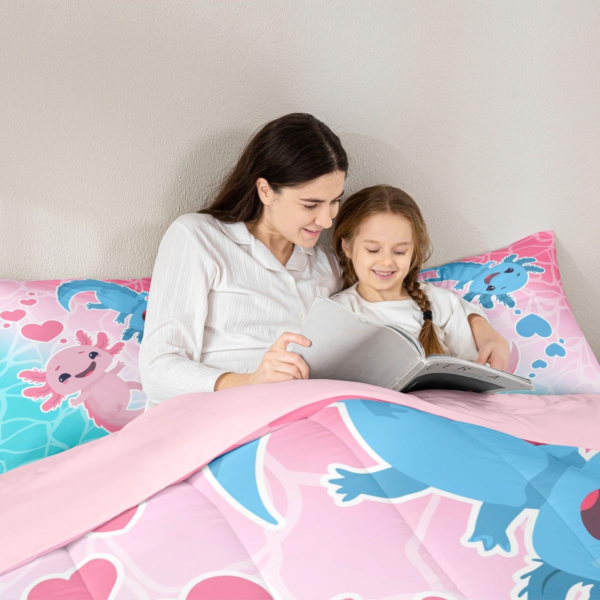 Axolotls Comforter Set Twin Size,Blue Pink Kids Bedding Set 2Pcs with 1 Pillowcase,Ocean Animals Theme Down Comforter Cartoon Lovely Salamander Quilted Duvet Insert for Girls Boys Bedroom Decor