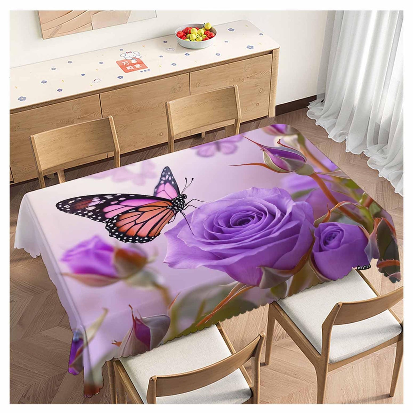 Beabes Tablecloth Butterfly 52 X 70 Inch, Roses Butterfly Purple Oblong Table Cloths Anti-Shrink Decorative Table Cover for Kitchen Dinning Tabletop Outdoor Picnic BBQ