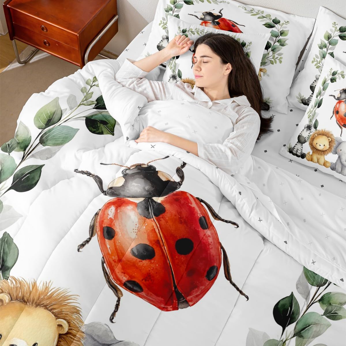 Erosebridal Cute Zoo Animal Twin Size Comforter Set with Sheets Kids | Kawaii Ladybug 7-Piece Bedding Set Botanical Eucalyptus Bed in a Bag Cartoon Zebra Lion Elephant Giraffe Bed Quilt Sets