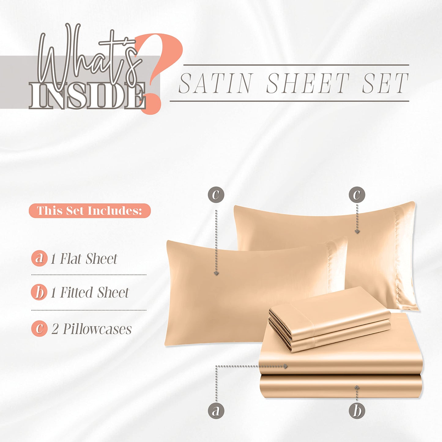 Elegant Comfort Luxurious 4-Piece Silky Satin Sheet Set, Skin and Hair Friendly, Wrinkle, Fade, Stain Resistant with Deep Pockets Fitted Sheet, Cooling Soft Satin Sheet Set, Twin XL, Champaign