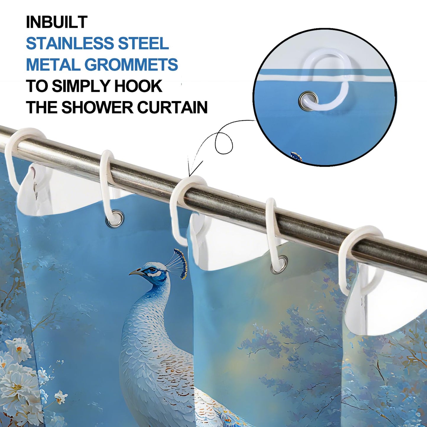 THISFIND Shower Curtain, Elegant Peacock with White Flowers and Misty Background Machine Washable Waterproof Fabric for Bathroom Decor Bathtub with 12 Hooks 72x72