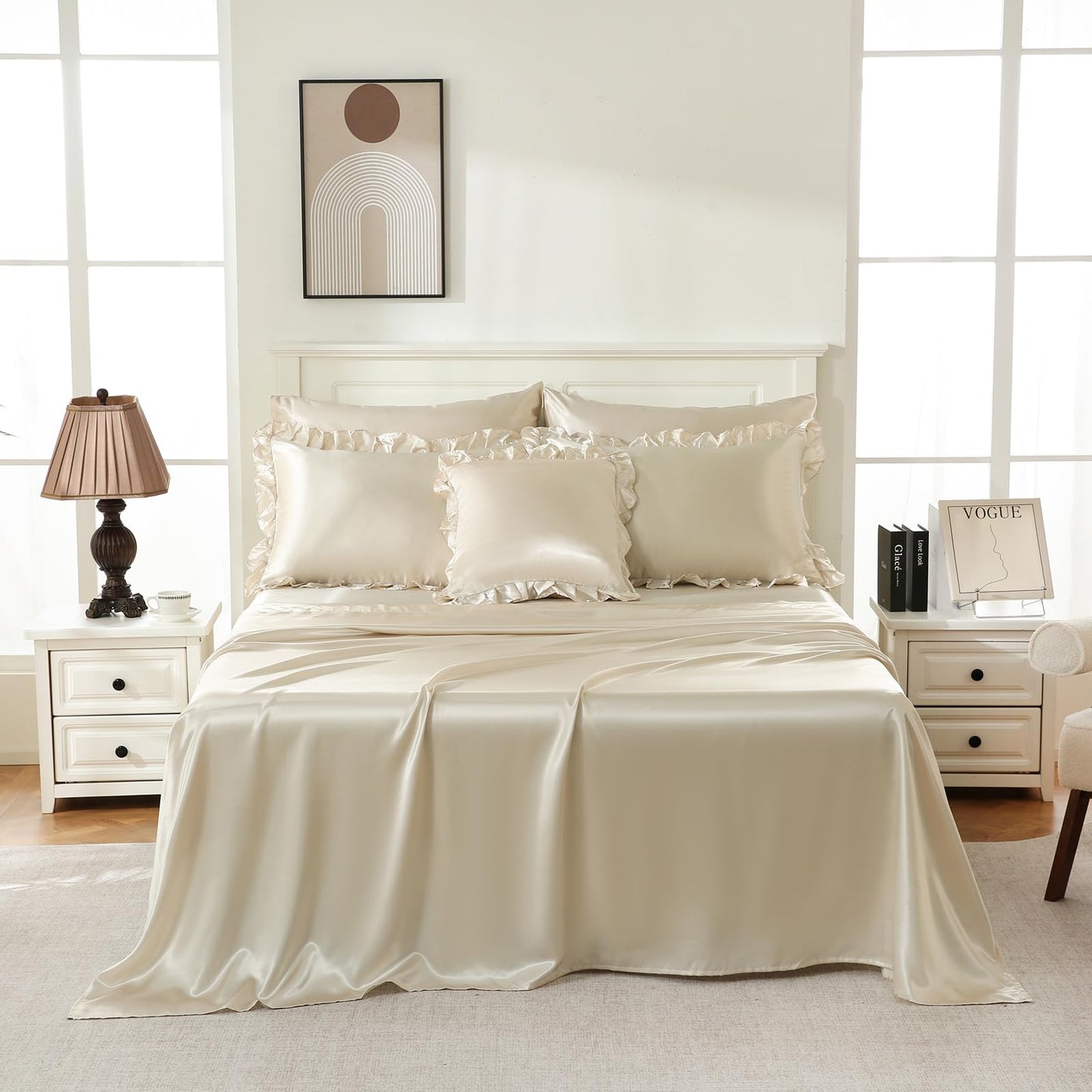 Bedbay Satin King Size Comforter Set with Sheets,Shabby Ruffled Bed Comforter 8 Pcs,Elegant Ruffle Room Decor Aesthetic Comforter King Bed in a Bag Set,Silk Like Satin Luxury Silky Bed Set