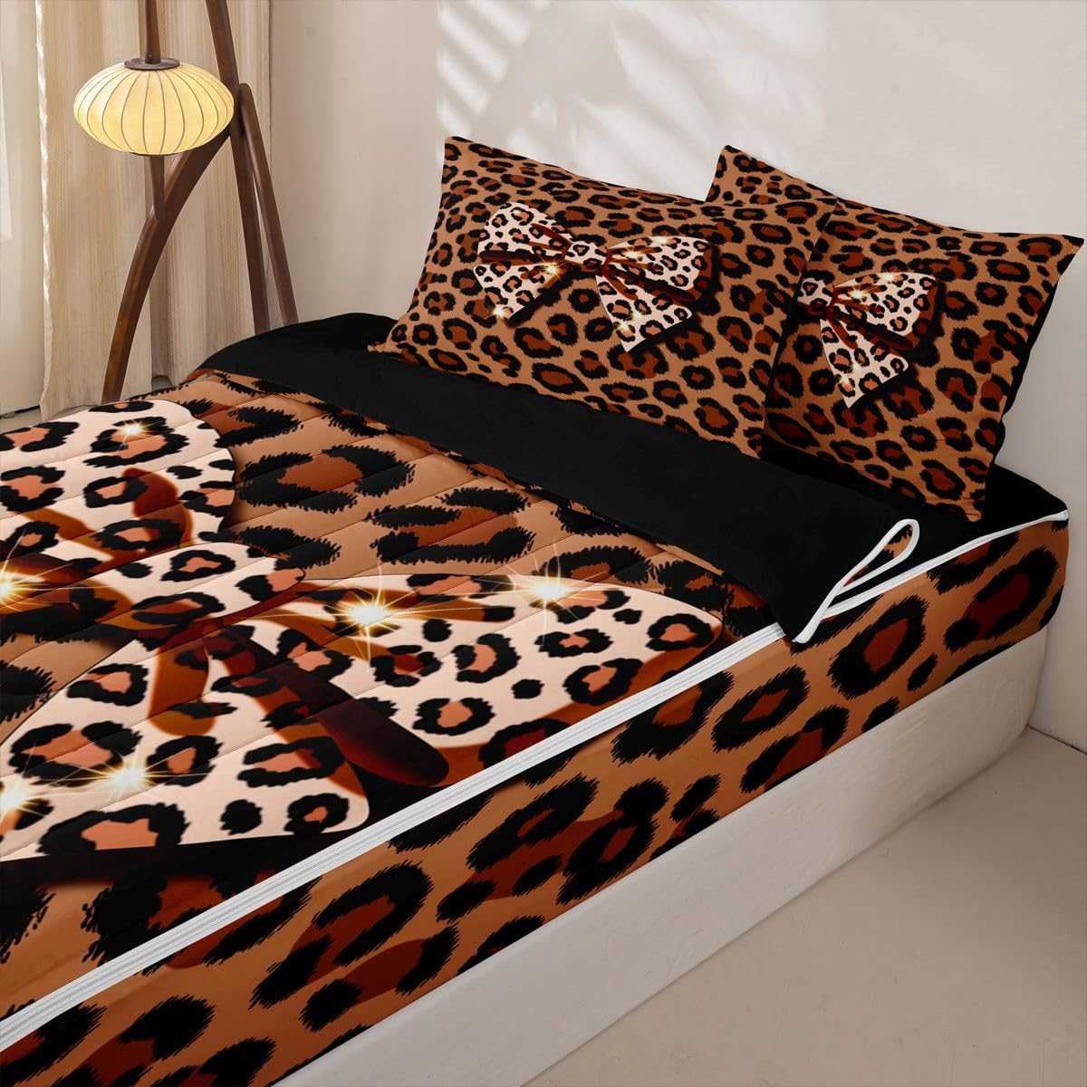 jejeloiu Girls Bow Zipper Bedding Leopard Print Comforter Set for Kids Boys Girls Twin Size White Brown Bowknot Zippered Kids Bedding Set Ultra Soft Cheetah Bed in a Bag Animal Print