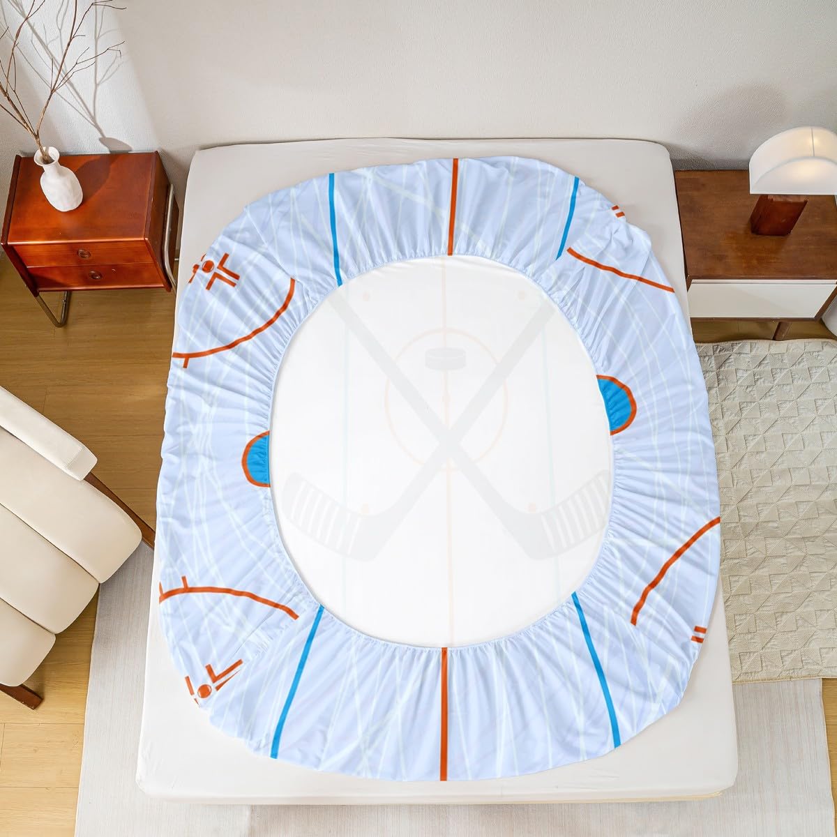 Ice Hockey Kids Sheet Full Size,Hockey Stadium Rink Bedding Set for Boys Girls Adults,Winter Event Ball Games Lovers Modern Stylish Bed Sheet Set 4pcs(Fitted Sheet + Flat Sheet + 2 Pillowcases)