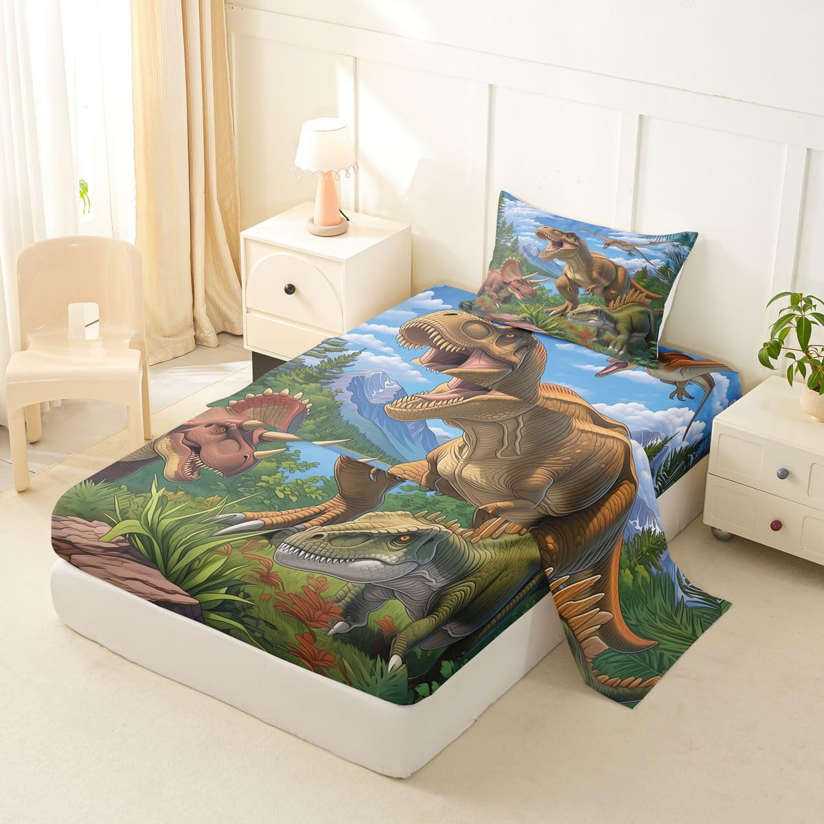 Feelyou Dinosaur Bed Sheets Set Twin Size 3D Digital Print Bed Set Jungle Dino Deep Pocket Fitted Sheet Wild Animal Breathable Soft Lightweight Microfiber Blue and Brown