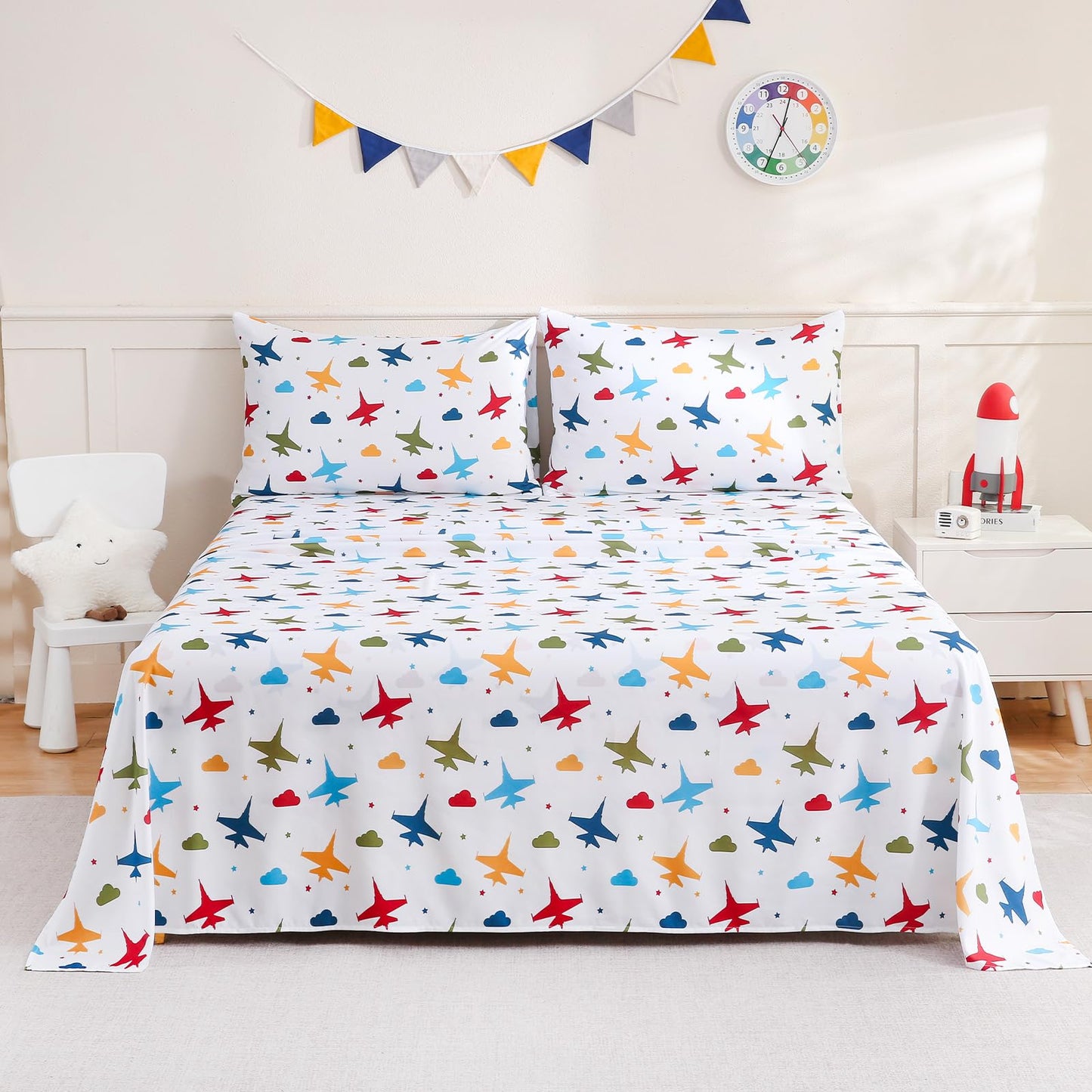ChicView Queen Sheet Set Kids,4 Pieces Breathable Soft Microfiber Bedsheets for Child Boys Girls, Anti Pilling Deep Pockets Easy Care Bed Sheets, Aircraft