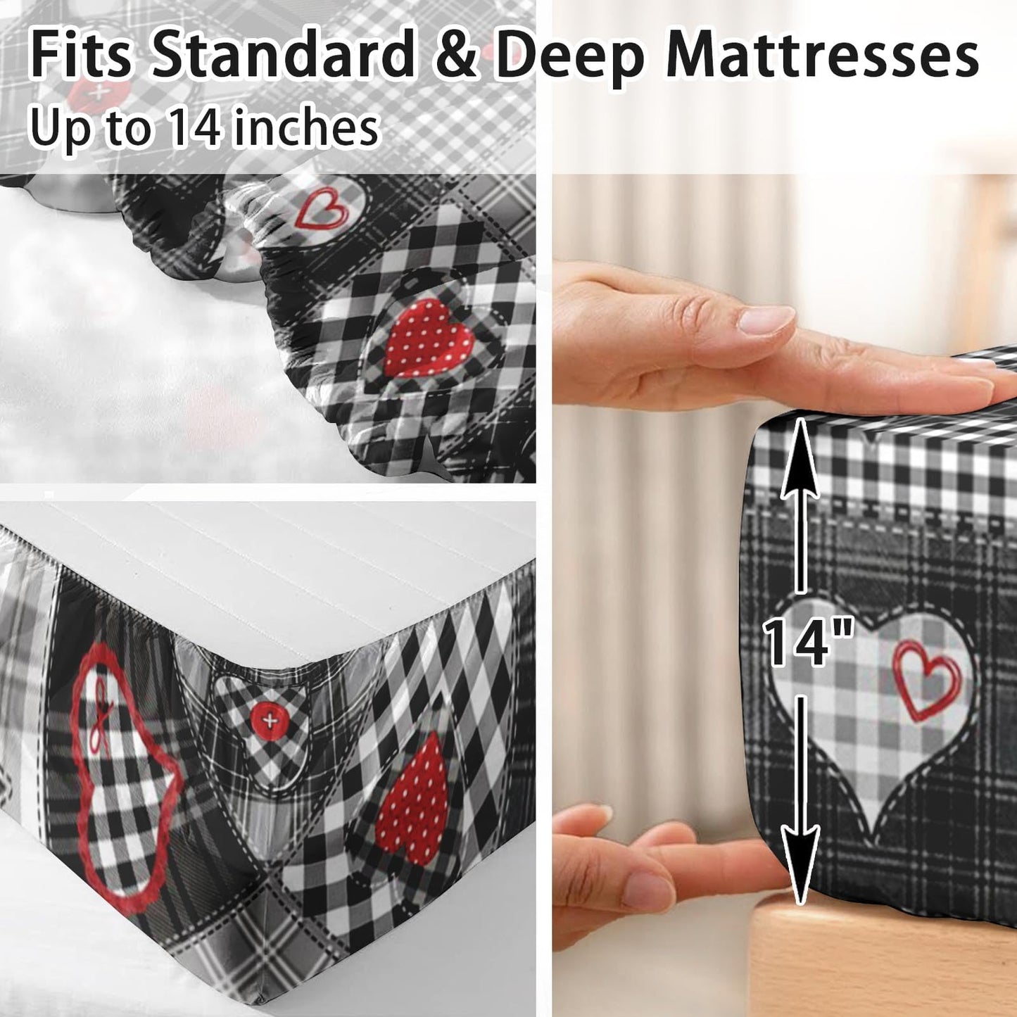 Pamnest Full Size Bed Sheet Sets, Patchwork Plaid Heart Soft Microfiber 4 Pcs Bedding Sets for Kids and Adults Bedroom Bed Decor, Buffalo Check Love Will Flat, Fitted Sheet and 2 Pillowcases