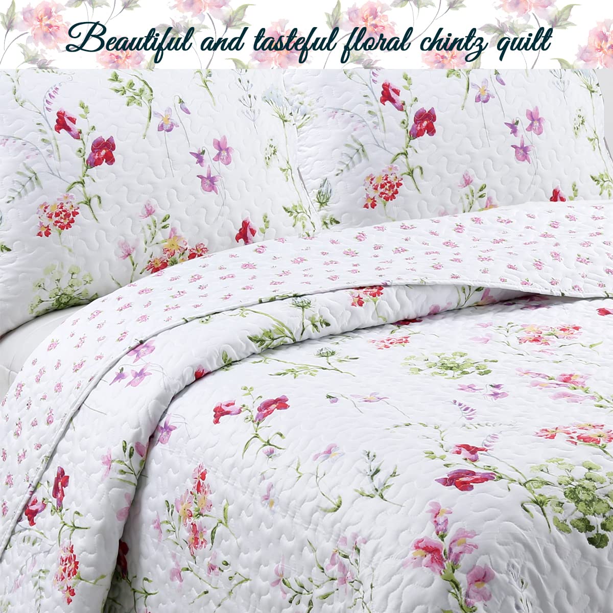 Cozy Line Home Fashions Light Pink Blue Flower Bloom Floral Garden Reversible Quilt Bedding Set, Coverlet Bedspread Lightweight for All Seasons (Carlotta, King - 3 Piece)