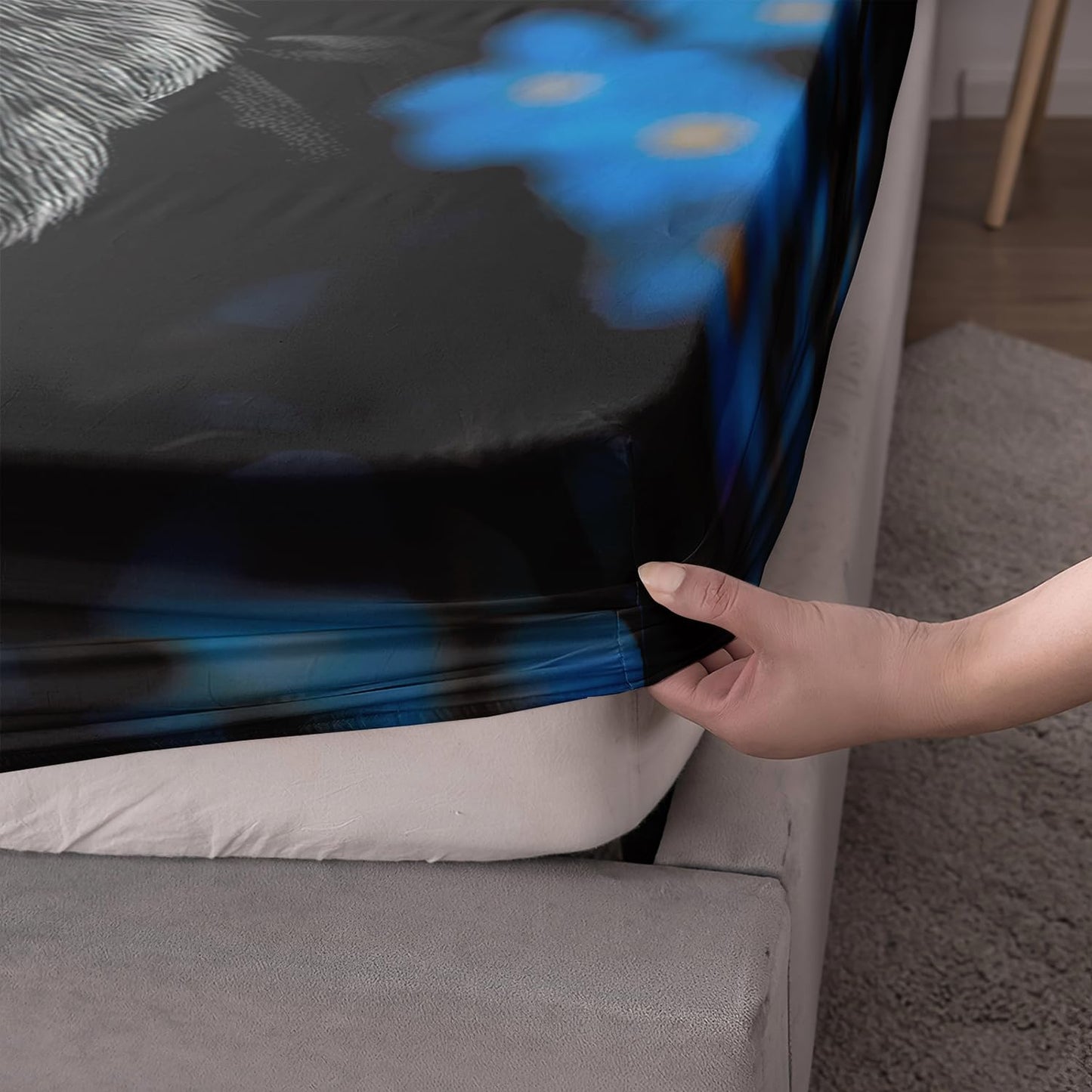 UEVBF Black Cat Fitted Sheet Set Twin Size,Animal Themed Cute Bed Fitted Sheets Set for Kids Toddler Girls Boys Room Decor,Blue Floral Bedding Sets,1 Fitted Sheet+2 Pillowcases.