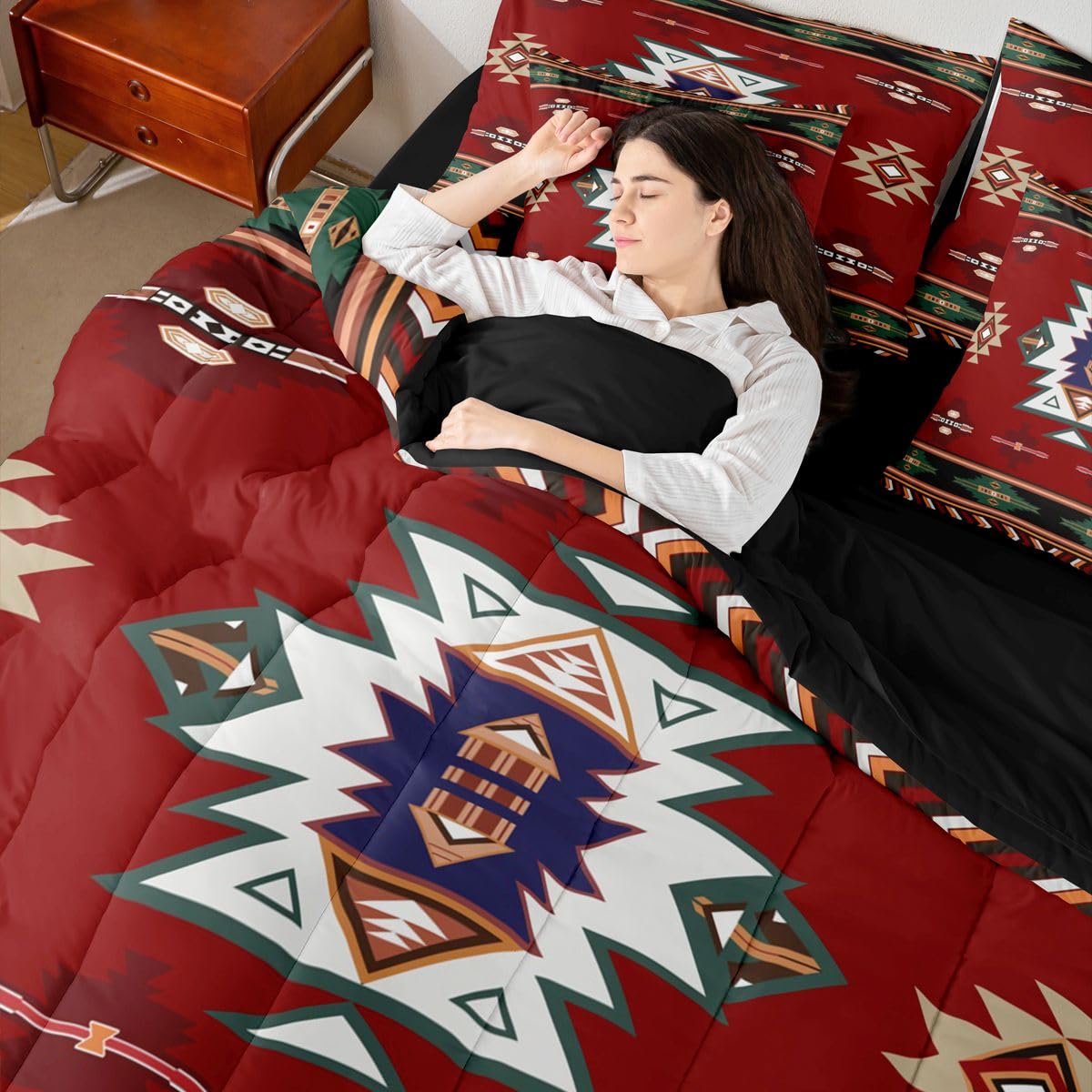 Erosebridal Western Twin Comforter Set with Sheets | Boho Decor Geometric 7 Piece Bedding Set Bohemian Aztec Bed in a Bag, Ethnic Tribal Arrow Room Decor,Red