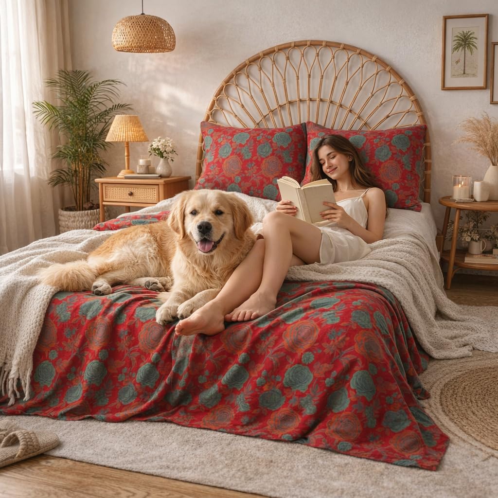 FADFAY Double Gauze 100% Cotton King Sheets Set Floral Bed Sheets Deep Pocket Fitted Sheet, Luxury Rose Pattern Shabby Vintage Countryside Style Bedding 4Pcs