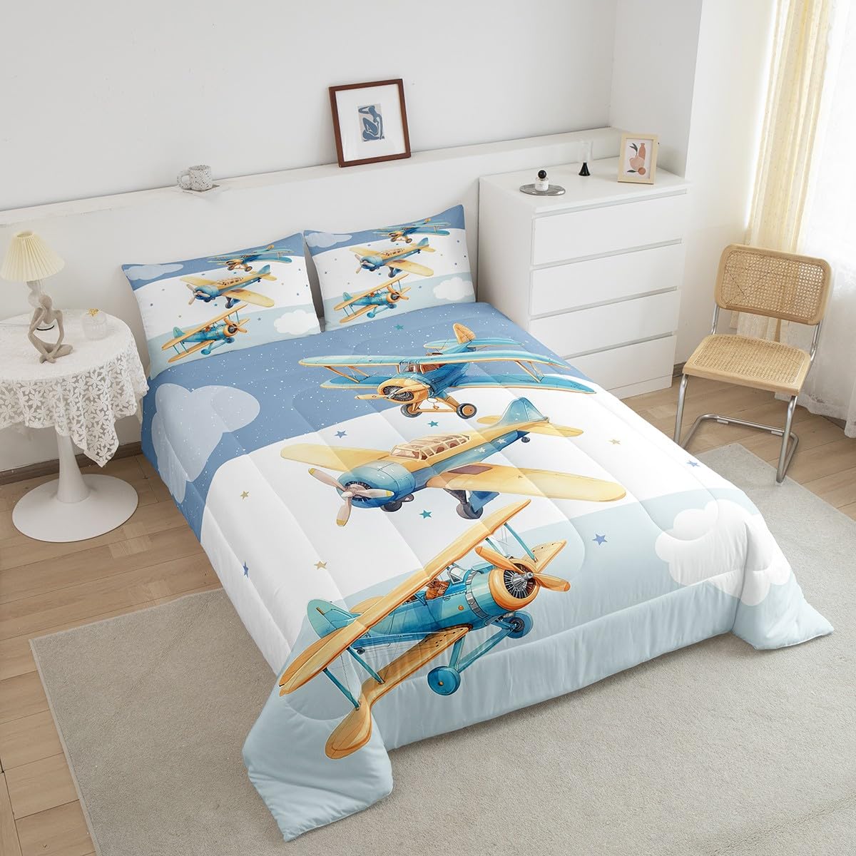 Manfei Cartoon Airplane Queen Size Comforter Set 3 Pcs,Aviation Aircraft Modern Plane Down Alternative Bedroom Decor,Sky Clouds Stars Blue White Stripes Print Ultra Soft Microfiber Inner Fill 3Pcs