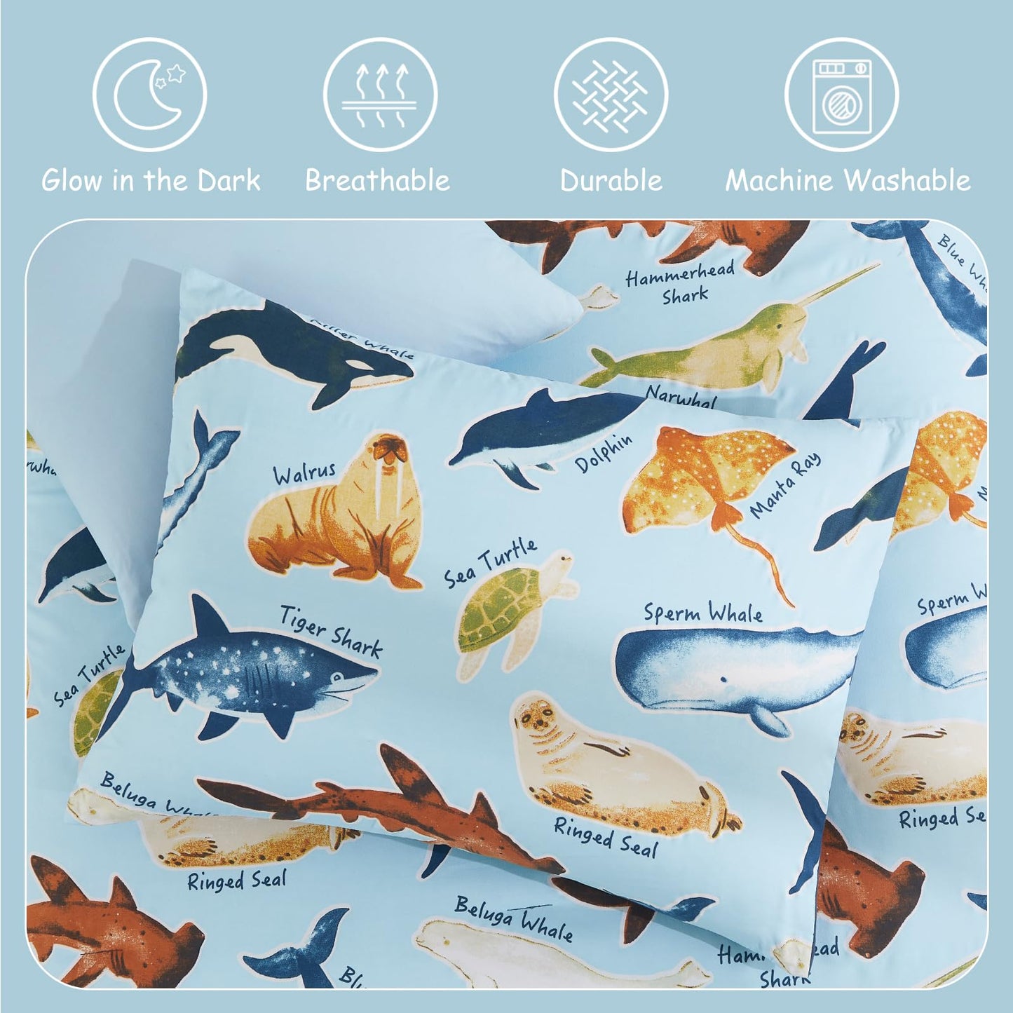 Kaleido Space Twin Comforter Set for Boys Kids - 5 Pieces Glow in The Dark Ocean Animals Twin Bedding Sets for Kids, Ultra Soft Bed in A Bag with Sheets