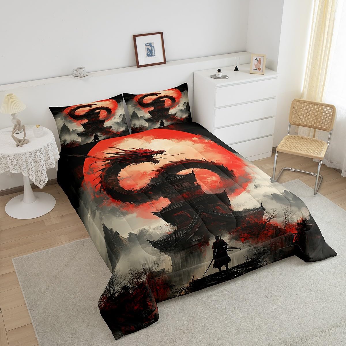 jejeloiu Dragon Comforter Set Japanese Style Samurai Bedding Set Full Size for Kids Boys Girls Teens Anime Sunset Duvet Set with 2 Pillow Case Moon Japan Comforter