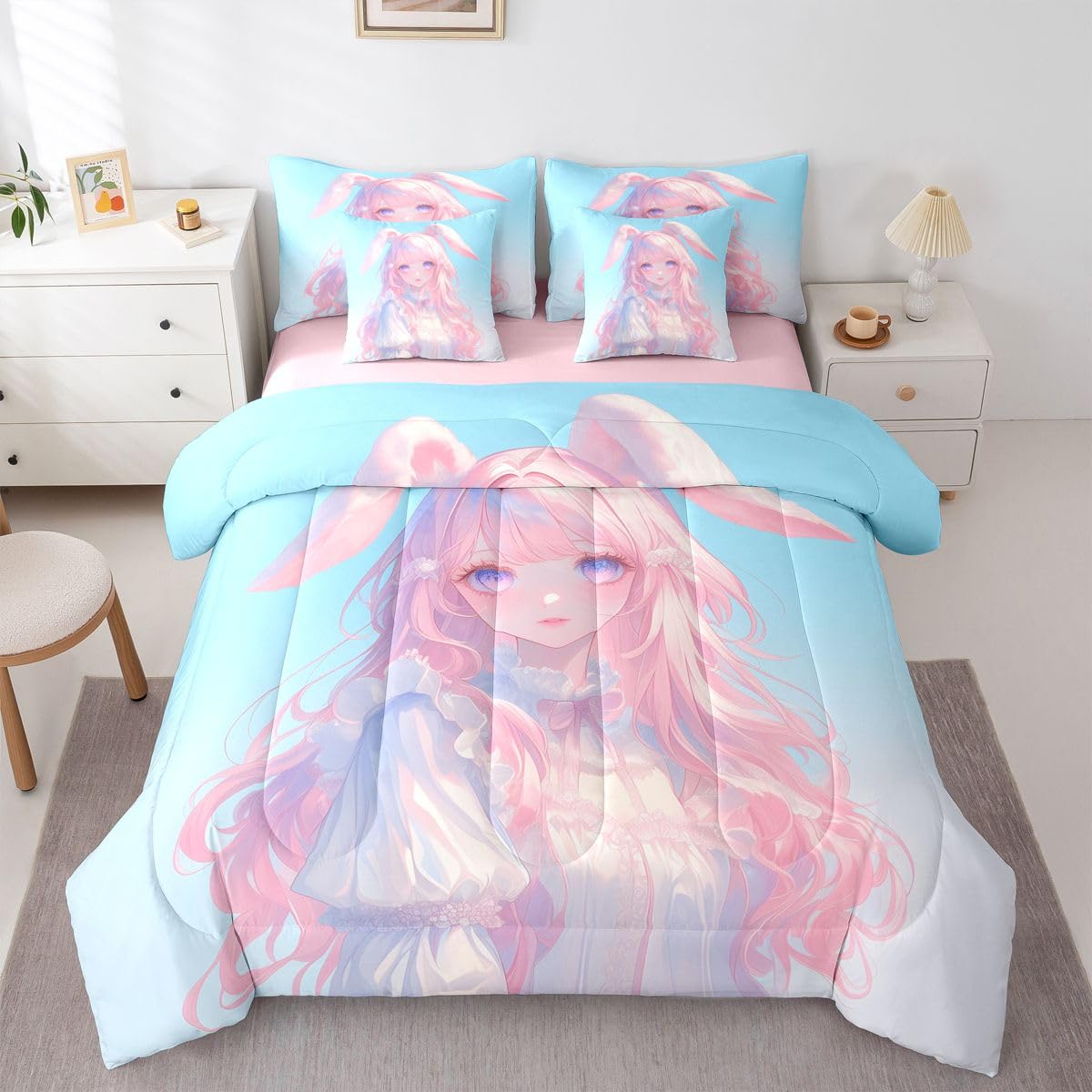 Erosebridal 3D Anime Girl Bedding Set,Japanese Girl Bed in A Bag Cartoon Anime Twin Comforter Set 7 Piece for Kids Teen Women Room Decor,Pink Kawaii Rabbit Doll Blue Bed Set