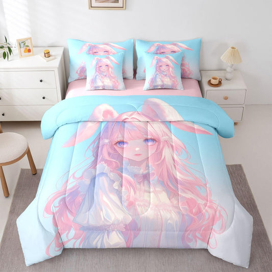 Erosebridal 3D Anime Girl Bedding Set,Japanese Girl Bed in A Bag Cartoon Anime Twin Comforter Set 7 Piece for Kids Teen Women Room Decor,Pink Kawaii Rabbit Doll Blue Bed Set