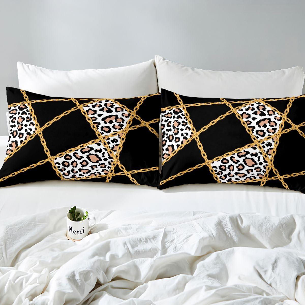 jejeloiu Black Leopard Fitted Sheet with 1 Pillowcase Twin Size Iron Chain Print Bed Sheets Set 16" Deep Pocket Boys Girls Cheetah Bedding Animal Print Teens Bedroom Decor Breathable Soft Lightweight