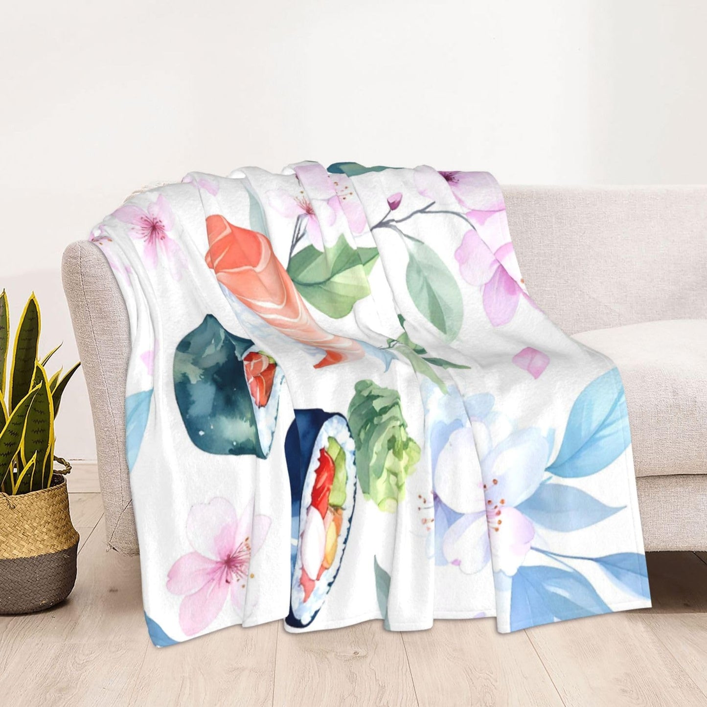 Duuppgo Sushi and Flower Throw Blanket 60x50 Inch – Ultra Soft Anti-Pilling Flannel Blankets, Lightweight & Warm for Sofa, Bed, Camping, Travel