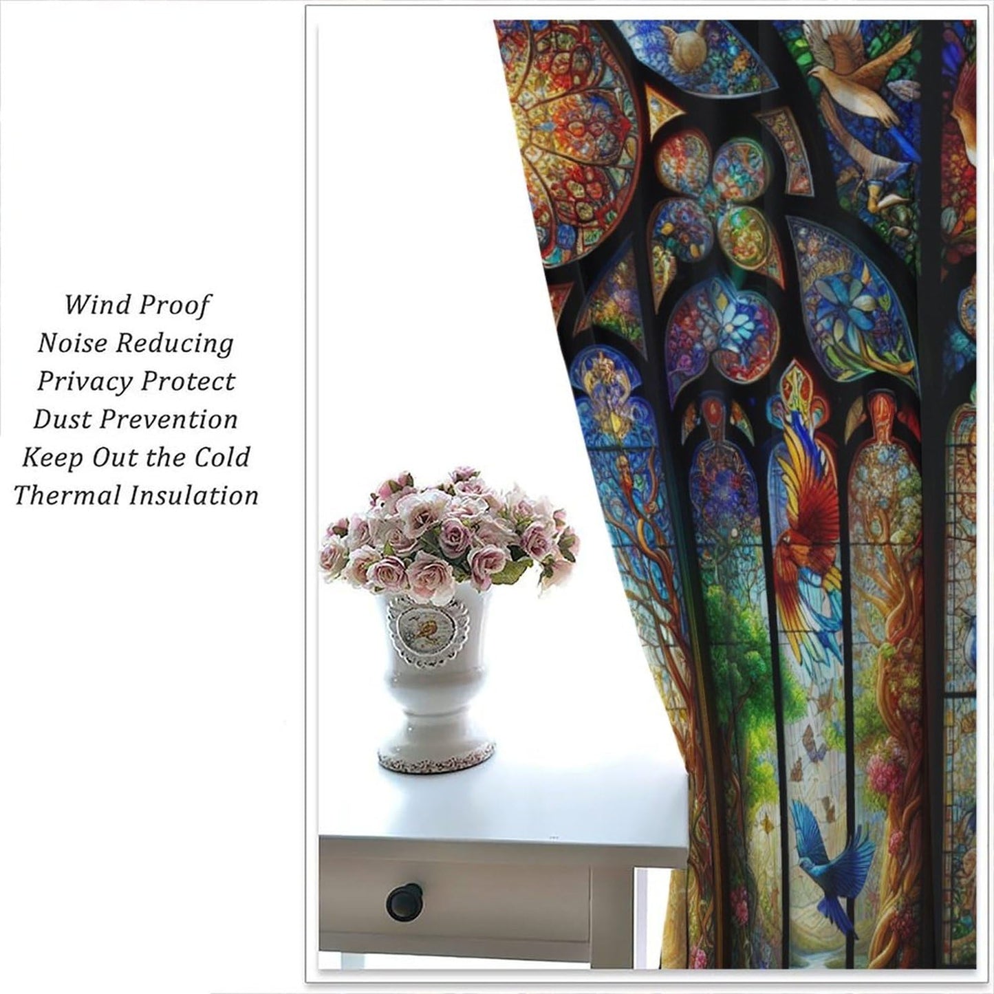 FengMingRui Fantasy Stained Glass Curtains Dream Forest Bird Geometric Patchwork Abstract Window Treatments for Kids Boys Girls Bedroom Living Room Window Drapes 42" W X 45" L