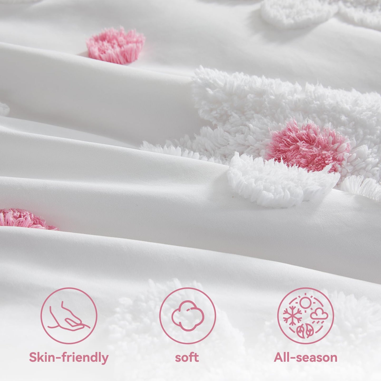 CotComf Toddler Bedding Set for Girls 4-Piece Pink Boho Tufted Daisy Flowers Toddler Comforter Set Bed-in-a-Bag Toddler Sheets Bedroom Set with Toddler Comforter, Flat Sheet, Fitted Sheet, Pillowcase