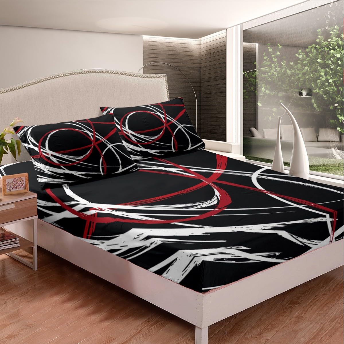 Kids Abstract Spiral Stripes Bed Sheet Set King Size,Modern Red Black White Bedding Set for Children Adult Bedroom Xmas Present,Geometric Circle Bedding (1 Fitted,1 Flat,2 Pillowcases), Microfiber
