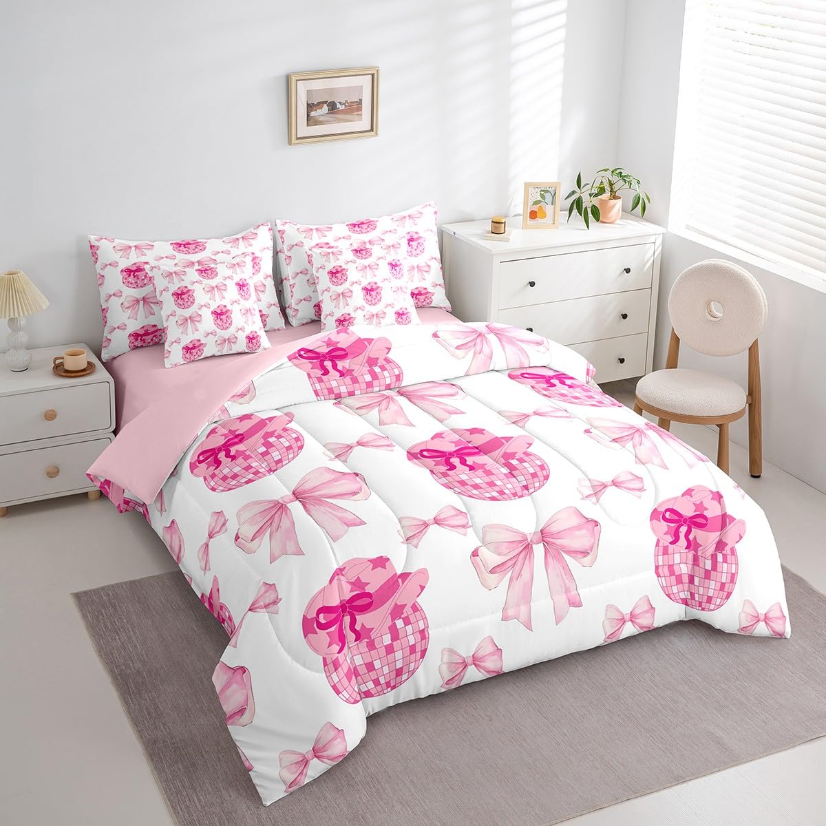 Erosebridal 7 Piece Pink Bowknot King Bedding Set for Girls Women,Western Cowgirl Kids Comforter Set,Disco Ball Duvet Set,Rustic Farmhouse Cowboy Quilt Comforter,Hippie Bow Valentine Day Sheet Set