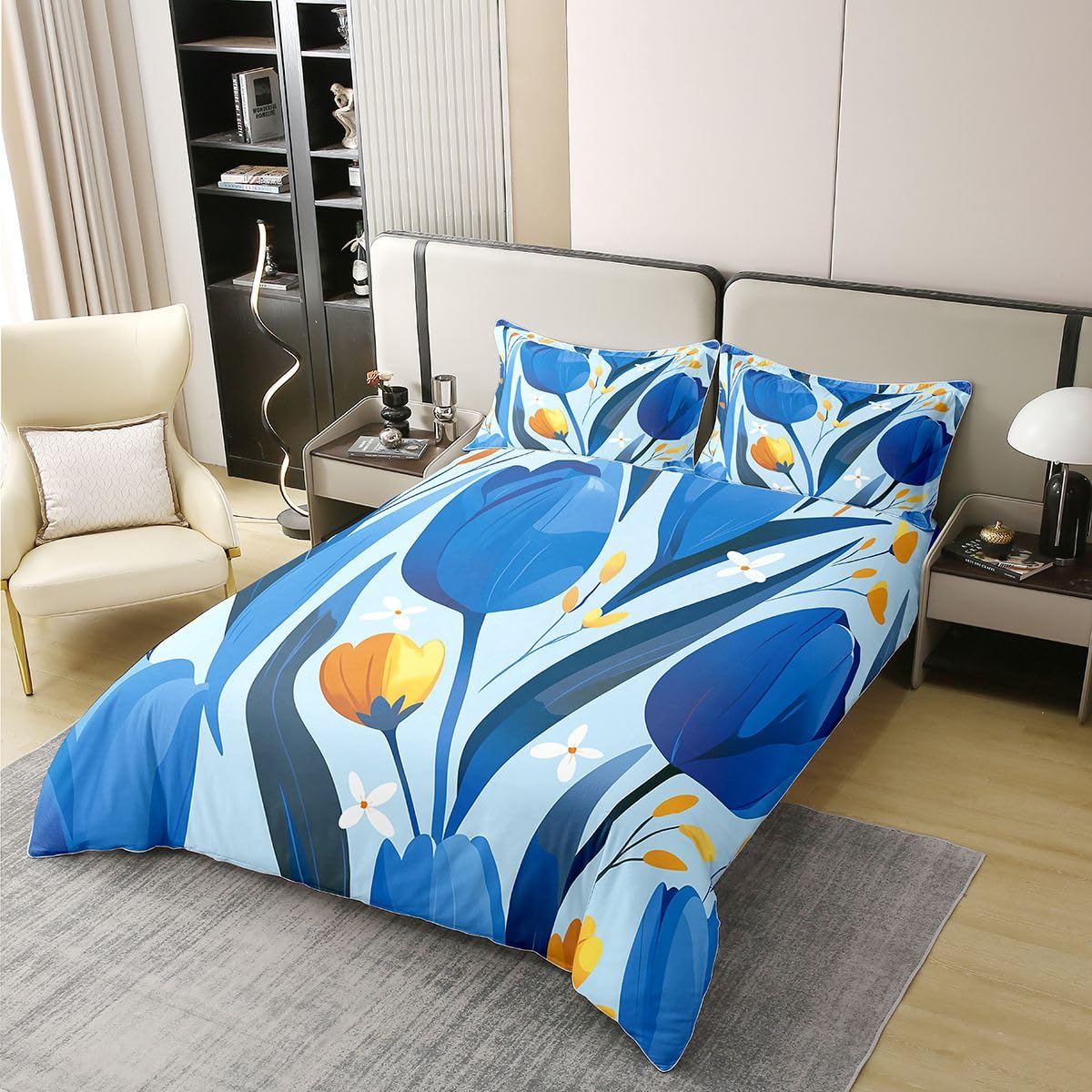 Erosebridal Spring Flowers 100% Cotton Duvet Cover Full Blue Florals Bedding Set for Kids Girls Boys Adults Blue Botanical Garden Comforter Cover Flowers Branches Pastoral Bedclothes 3 Pcs